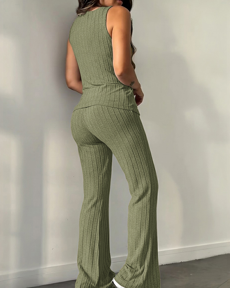 Women Button Ribbed Knitting Sleeveless Top and Bell Bottom Two-Piece Set