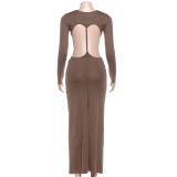 Women Autumn/Winter Sexy Round Neck Hollow-Out Backless Long-Sleeve Dress