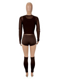 Women Sexy Solid Mesh Long-Sleeve See-Through Four-Piece Set