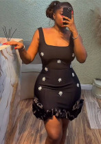 Sexy Beaded Bodycon Bandage Dress Ruffle Hem Mini Evening Gown