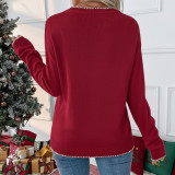 Autumn/Winter Women Christmas & Valentine's Day Color-Blocked Bow Jacquard Pullover Sweater