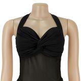 Women Fashionable Sexy See-Through Mesh Halter Neck Lace-Up Evening Dress