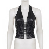 Dark Streetwear Sexy Lace-Up Halter Neck Low-Back Leather Vest