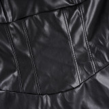Women Sexy Square-Neck Low-Cut Slim-Fit Leather Bodycon Slit Dress