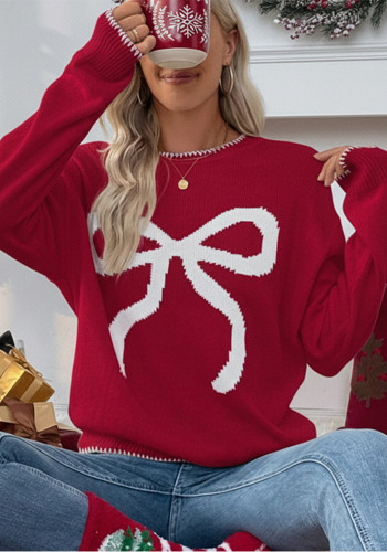 Autumn/Winter Women Christmas & Valentine's Day Color-Blocked Bow Jacquard Pullover Sweater