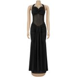 Women Fashionable Sexy See-Through Mesh Halter Neck Lace-Up Evening Dress