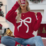 Autumn/Winter Women Christmas & Valentine's Day Color-Blocked Bow Jacquard Pullover Sweater
