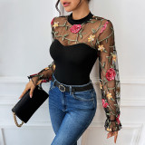 Sexy & Sweet Lace Patchwork See-Through Embroidery Long Sleeves Mock Neck Bodysuit