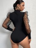 Spring Sexy Mock Neck Mesh Patchwork Long-Sleeve Bodysuit
