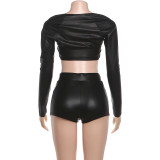 Autumn/Winter Women Fashionable Long-Sleeve Solid Color Strapless Shorts Set