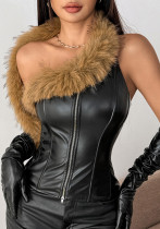 Autumn/Winter Women PU Leather Bustier with Boning and Furry Trim