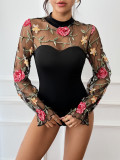 Sexy & Sweet Lace Patchwork See-Through Embroidery Long Sleeves Mock Neck Bodysuit