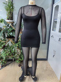 Women Sexy Mesh Long-Sleeve Tight-Fitting Chic See-Through Tight Slim Jumpsuit