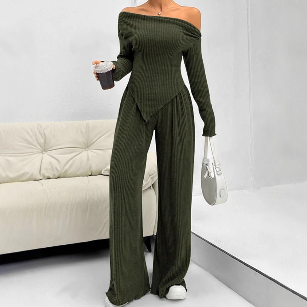 Women Casual Comfortable Off Shoulder Top & Wide-Leg Pants Two-Piece Set