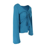 Autumn Women Solid Color Knot Bell Sleeve Slit Crop Top Tee
