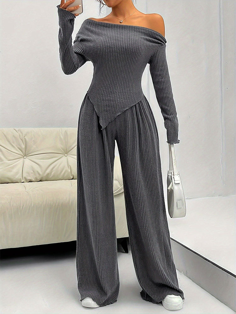 Women Casual Comfortable Off Shoulder Top & Wide-Leg Pants Two-Piece Set