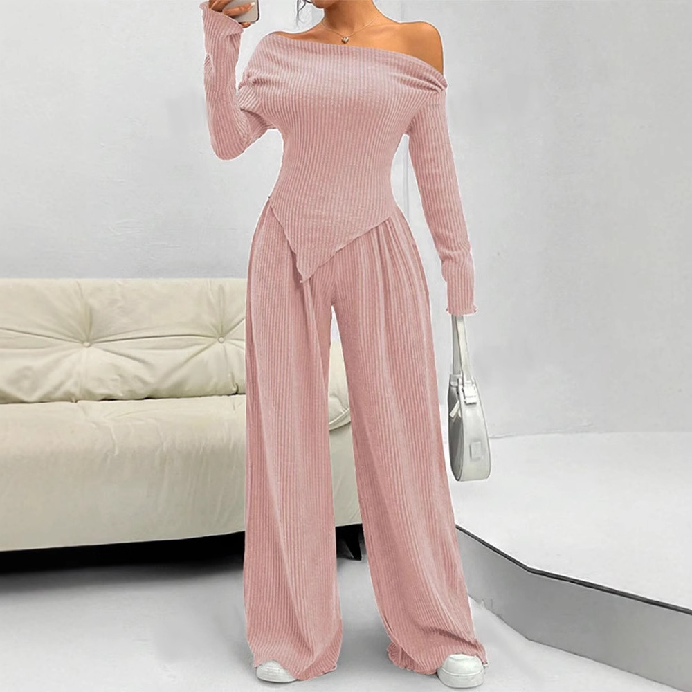 Women Casual Comfortable Off Shoulder Top & Wide-Leg Pants Two-Piece Set
