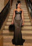 Sexy & Elegant Lace-Up Strap Mesh & Leather Patchwork Slim Long Dress