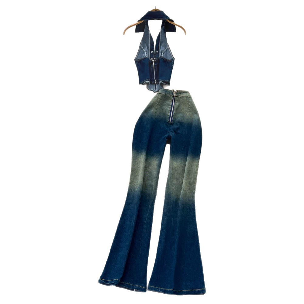 Summer Women Halter Neck Sleeveless Top High-Waist Tight-Fitting Slim-Fit Ombre Lace-Up Denim Pants Two-Piece Set