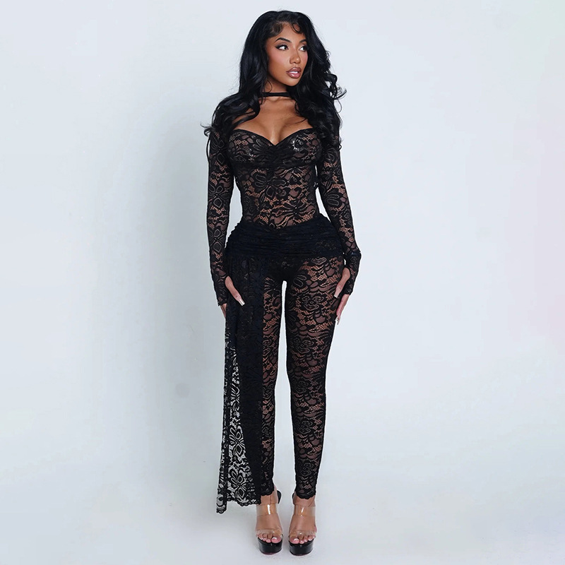 Women Lace Long-Sleeve Hollow-Out Tie Detail & Tight-Fitting Two-Piece Pants Set