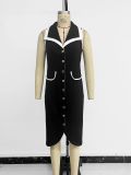 Summer Women Elegant Fitted Color-Blocked Turndown Collar Button-Front Sleeveless Slit Dress