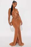 Autumn Women Chic Fashion Solid Color Metallic Detail Ruched Low-Cut Backless Long Dress