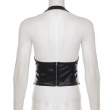 Dark Streetwear Sexy Lace-Up Halter Neck Low-Back Leather Vest