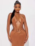 Autumn Women Chic Fashion Solid Color Metallic Detail Ruched Low-Cut Backless Long Dress