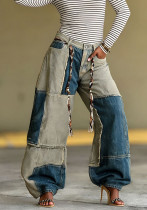 Color-Blocked Patchwork Frayed Denim Pants