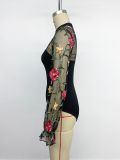 Sexy & Sweet Lace Patchwork See-Through Embroidery Long Sleeves Mock Neck Bodysuit