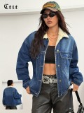 Women Casual Long-Sleeve Sherpa Retro Denim Jacket