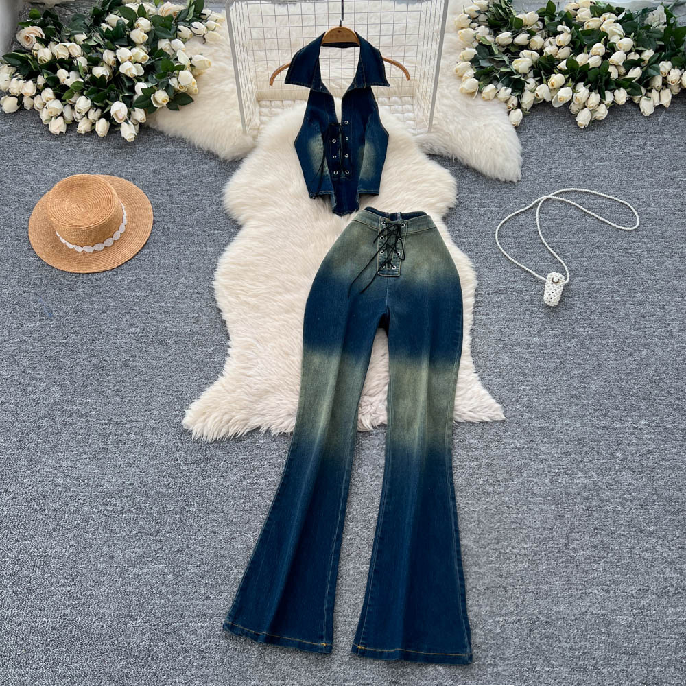 Summer Women Halter Neck Sleeveless Top High-Waist Tight-Fitting Slim-Fit Ombre Lace-Up Denim Pants Two-Piece Set