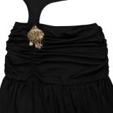 Women Fashionable Sexy Solid Color Sleeveless Cut Out Slit Dress