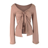 Autumn Women Solid Color Knot Bell Sleeve Slit Crop Top Tee