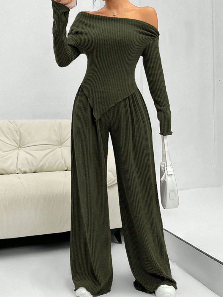 Women Casual Comfortable Off Shoulder Top & Wide-Leg Pants Two-Piece Set