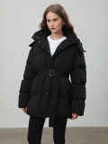Winter Women Hooded Zip-Up Cotton-padded Jacket with Belt Slim Waist Warm Outerwear