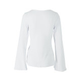 Autumn Women Solid Color Knot Bell Sleeve Slit Crop Top Tee