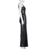 Women Sexy Square-Neck Low-Cut Slim-Fit Leather Bodycon Slit Dress