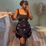 Sexy Beaded Bodycon Bandage Dress Ruffle Hem Mini Evening Gown