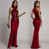Women Fashionable Sexy Sequin & Velvet Slim Slit Evening Dress