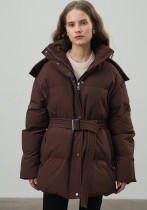 Winter Women Hooded Zip-Up Cotton-padded Jacket with Belt Slim Waist Warm Outerwear