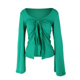 Autumn Women Solid Color Knot Bell Sleeve Slit Crop Top Tee
