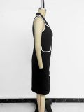 Summer Women Elegant Fitted Color-Blocked Turndown Collar Button-Front Sleeveless Slit Dress