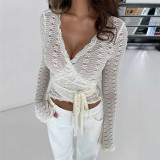 Spring Women Street Style Wrap V-neck Flare Long Sleeve Cardigan