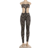 Autumn/Winter Women Fashionable Patchwork Print Sexy Hollow-Out Strapless Low-Back Tight-Fitting Jumpsuit