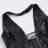 Dark Streetwear Sexy Lace-Up Halter Neck Low-Back Leather Vest