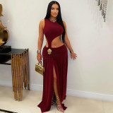 Women Fashionable Sexy Solid Color Sleeveless Cut Out Slit Dress