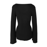Autumn Women Solid Color Knot Bell Sleeve Slit Crop Top Tee