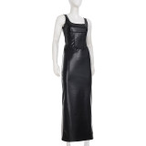 Women Sexy Square-Neck Low-Cut Slim-Fit Leather Bodycon Slit Dress