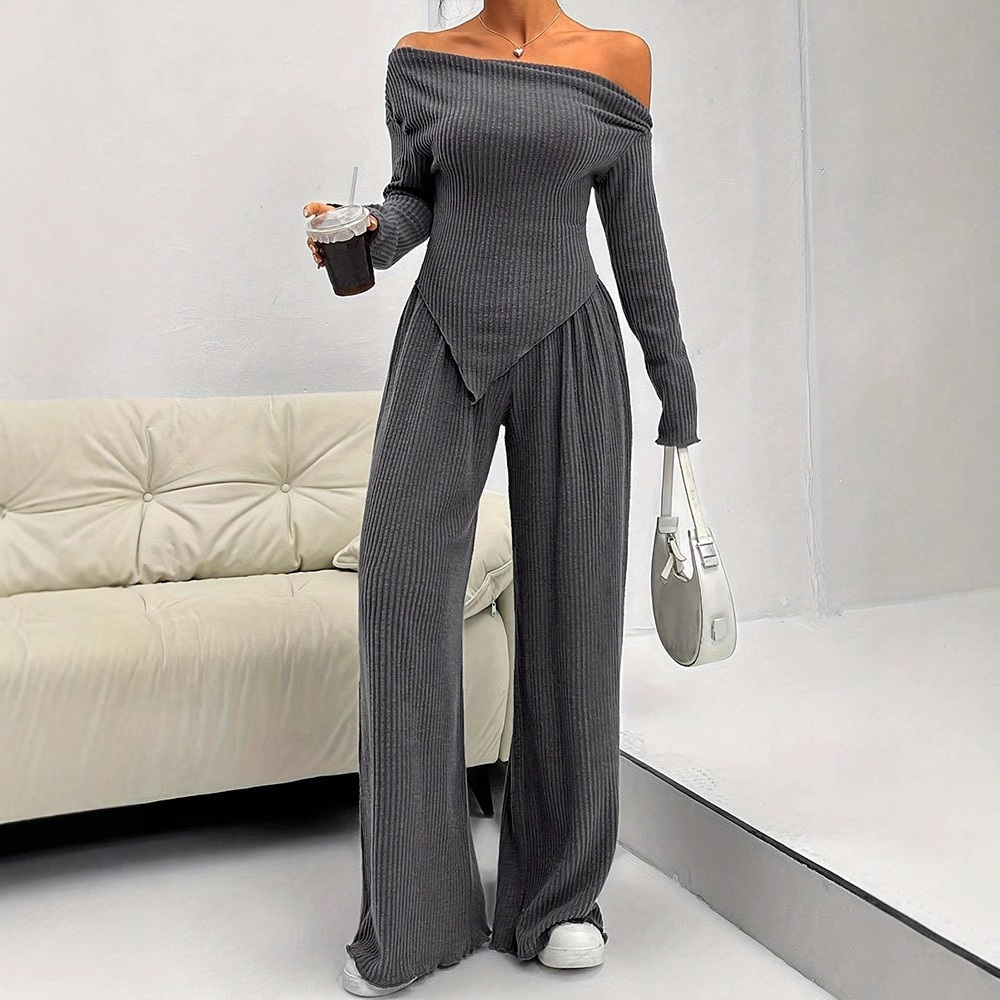 Women Casual Comfortable Off Shoulder Top & Wide-Leg Pants Two-Piece Set